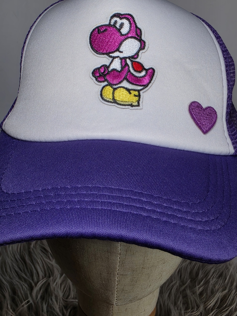 90s Inspired Purple & White Woman's Trucker Hat wPink Yoshi Patch One Of A Kind